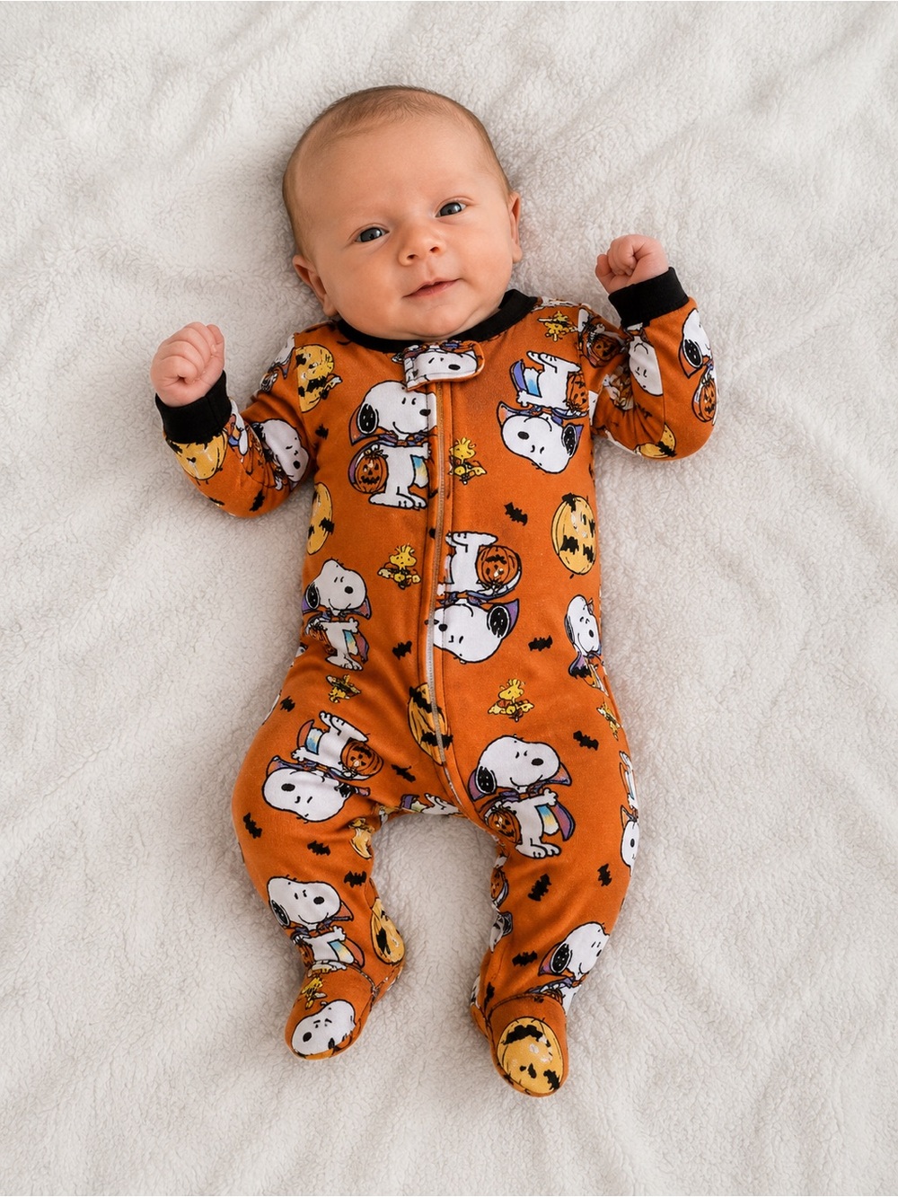 NEWBORN Peanuts Orange and Black Snoopy Halloween Footed One-Piece